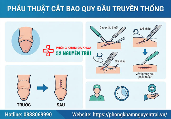 Phẫu thuật dài bao quy đầu: Các phương pháp và quy trình an toàn 2 Phẫu thuật cắt bao quy đầu truyền thống
