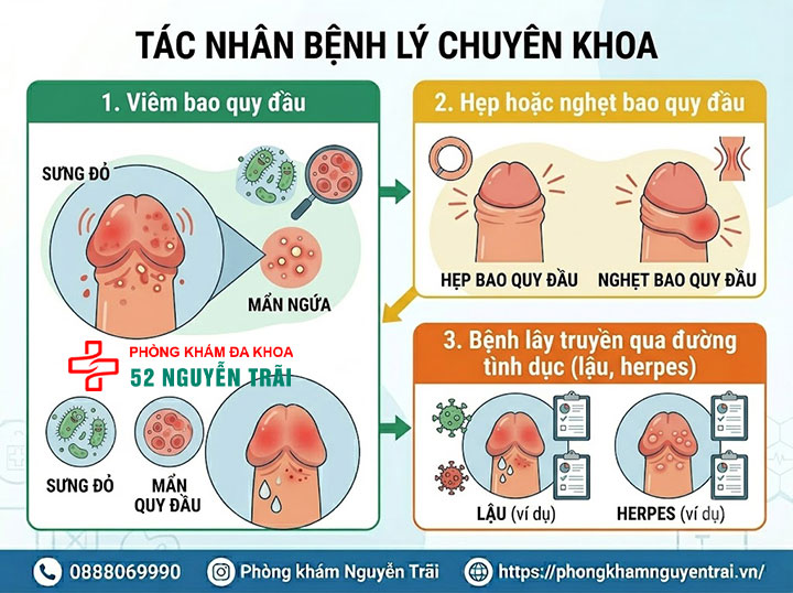 Sưng bao quy đầu do đâu? Nguyên nhân và cách xử lý an toàn 4 Tác nhân bệnh lý chuyên khoa