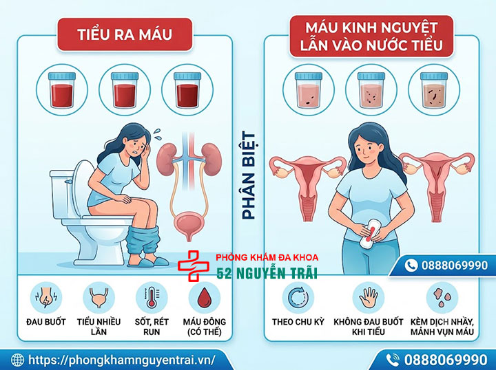 Tiểu Ra Máu Ở Nữ Là Bệnh Gì? Nguyên Nhân, Cách Xử Trí 3 Phân biệt tiểu ra máu ở nữ với máu kinh nguyệt lẫn vào nước tiểu