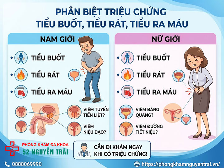 Tiểu Buốt, Tiểu Đau Rát, Tiểu Ra Máu: Sai Lầm Khi Tự Xử Lý Tại Nhà 2 Tiểu buốt, tiểu rát, tiểu ra máu ở nam giới và nữ giới khác nhau thế nào?