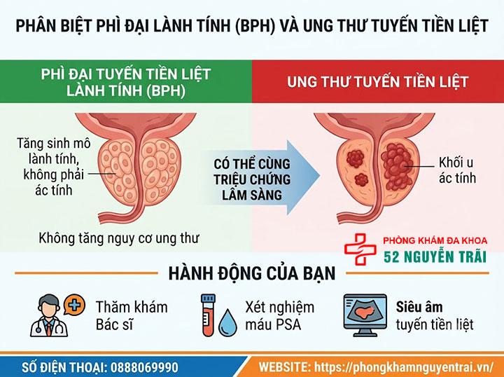 Phì đại tuyến tiền liệt là gì? Nguyên nhân, triệu chứng 3 Phân biệt phì đại lành tính (BPH) và ung thư tuyến tiền liệt