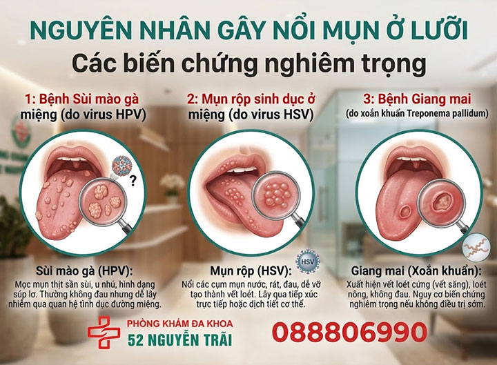 Nổi mụn ở lưỡi là bệnh gì? Địa chỉ khám và xét nghiệm bảo mật tại hà nội 4 Nguyên nhân gây nổi mụn ở lưỡi