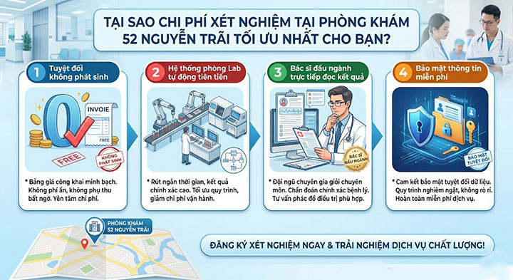 Bảng giá xét nghiệm bệnh xã hội công khai – không phát sinh chi phí 5 Tại sao chi phí xét nghiệm tại Phòng khám 52 Nguyễn Trãi tối ưu nhất