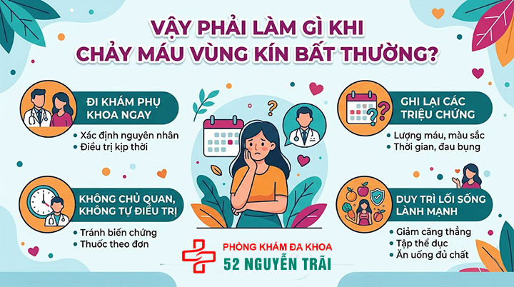 Chảy máu vùng kín là dấu hiệu gì? Nguyên nhân và cách chữa 6 làm gì khi chảy máu vùng kín bất thường