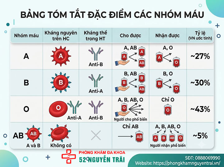 Các nhóm máu: Hệ A,B,O,AB phân loại và ý nghĩa 6 Bảng tóm tắt đặc điểm các nhóm máu