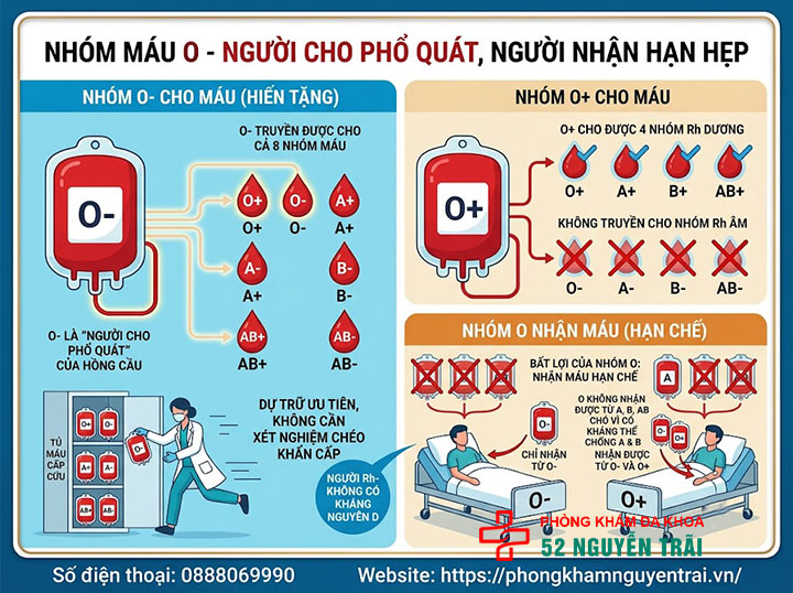Sơ đồ cho nhận nhóm máu: Nhóm nào truyền được cho nhóm nào? 3 Nhóm máu O — Người cho phổ quát, người nhận hạn hẹp nhất