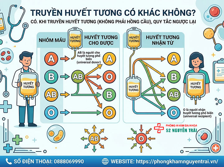 Sơ đồ cho nhận nhóm máu: Nhóm nào truyền được cho nhóm nào? 8 Truyền huyết tương có khác không?