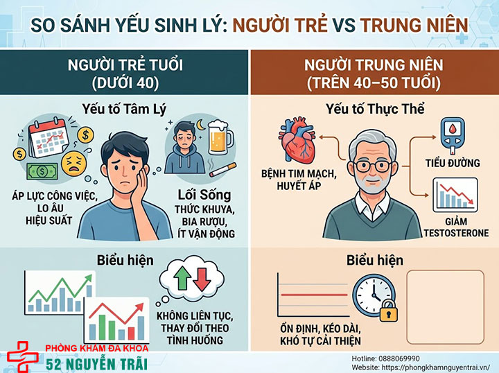 Dấu hiệu yếu sinh lý ở nam giới: Nhận biết theo từng mức độ 3 Biểu hiện yếu sinh lý ở người trẻ tuổi vs trung niên
