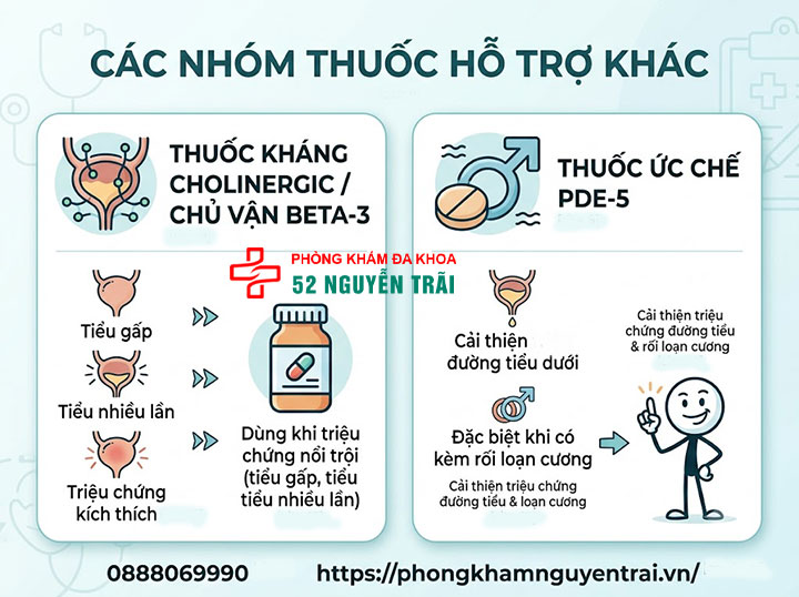 Phì đại tuyến tiền liệt uống thuốc gì? Giải đáp chi tiết 5 Các nhóm thuốc hỗ trợ khác chữa phì đại tuyến tiền liệt
