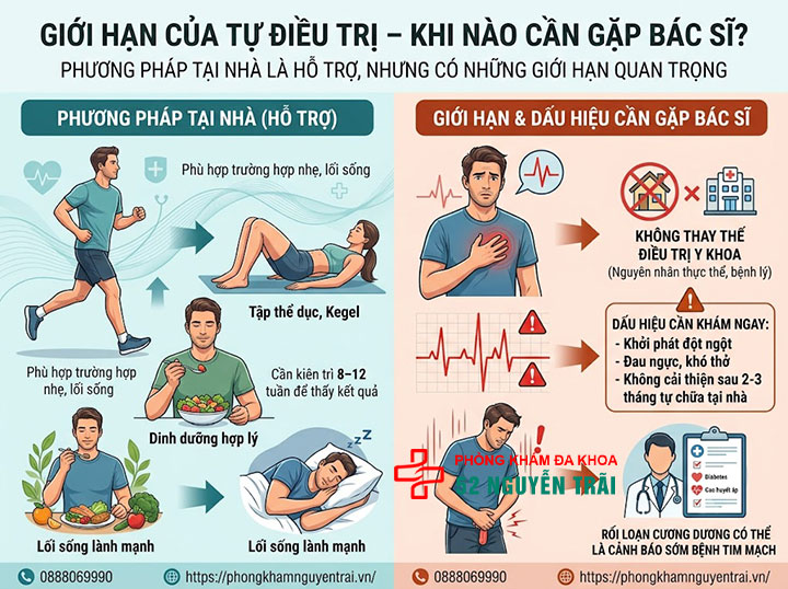 Cách chữa rối loạn cương dương tại nhà hiệu quả 7 Giới hạn của tự điều trị rối loạn cương dương Khi nào cần gặp bác sĩ?