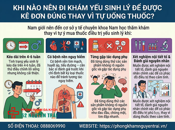 Thuốc trị yếu sinh lý nam: Phân loại và cách chọn đúng 6 Khi nào nên đi khám yếu sinh lý để được kê đơn đúng thay vì tự uống thuốc?