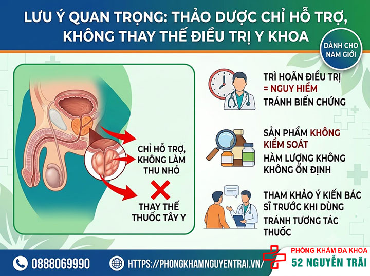 Bài thuốc dân gian, thảo dược chữa phì đại tiền liệt tuyến 7 Lưu ý quan trọng: Thảo dược chỉ hỗ trợ, không thay thế điều trị y khoa