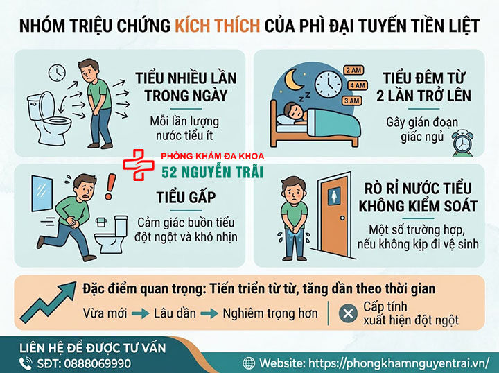 Triệu chứng phì đại tuyến tiền liệt thường gặp nhất 2 Nhóm triệu chứng kích thích của phì đại tuyến tiền liệt