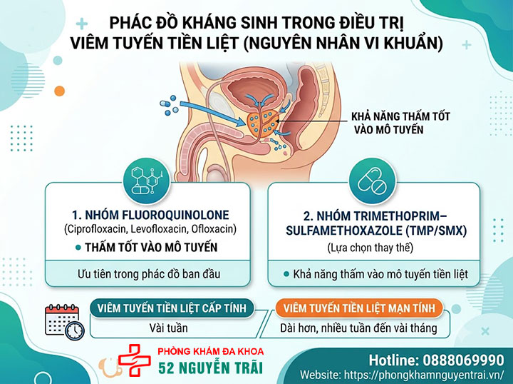 Điều trị viêm tuyến tiền liệt: Phác đồ và thuốc thường dùng 2 Phác đồ kháng sinh phổ biến trong điều trị viêm tuyến tiền liệt