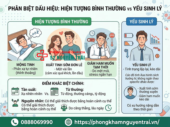 Dấu hiệu yếu sinh lý ở nam giới: Nhận biết theo từng mức độ 5 Phân biệt dấu hiệu yếu sinh lý với mộng tinh, xuất tinh sớm