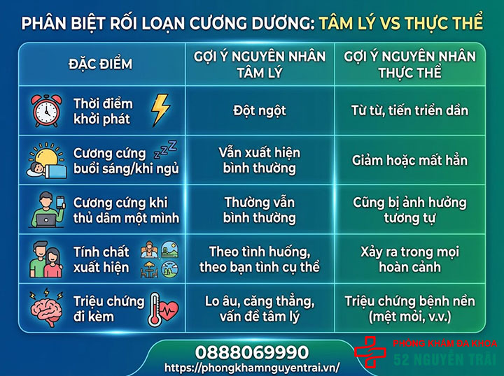 Dấu hiệu, triệu chứng rối loạn cương dương cần biết 2 Phân biệt rối loạn cương dương tâm lý và thực thể qua triệu chứng