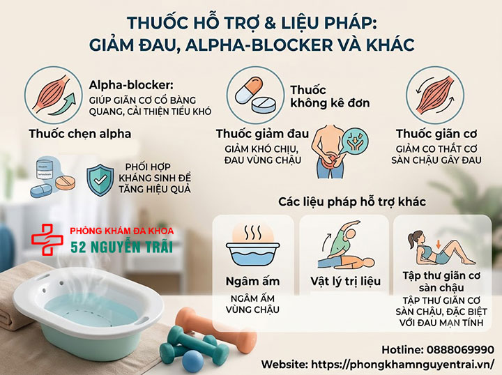 Điều trị viêm tuyến tiền liệt: Phác đồ và thuốc thường dùng 3 Thuốc hỗ trợ: giảm đau, alpha-blocker và các liệu pháp khác