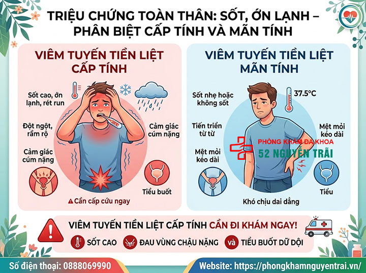 Dấu hiệu viêm tuyến tiền liệt: Nhận biết sớm ở nam giới 2 Triệu chứng toàn thân: Sốt, ớn lạnh – phân biệt cấp tính và mãn tính