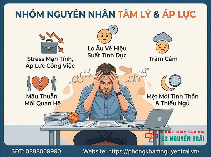 Nguyên nhân gây yếu sinh lý ở nam giới: Từ bệnh lý đến lối sống 2 nguyên nhân tâm lý yếu sinh lý
