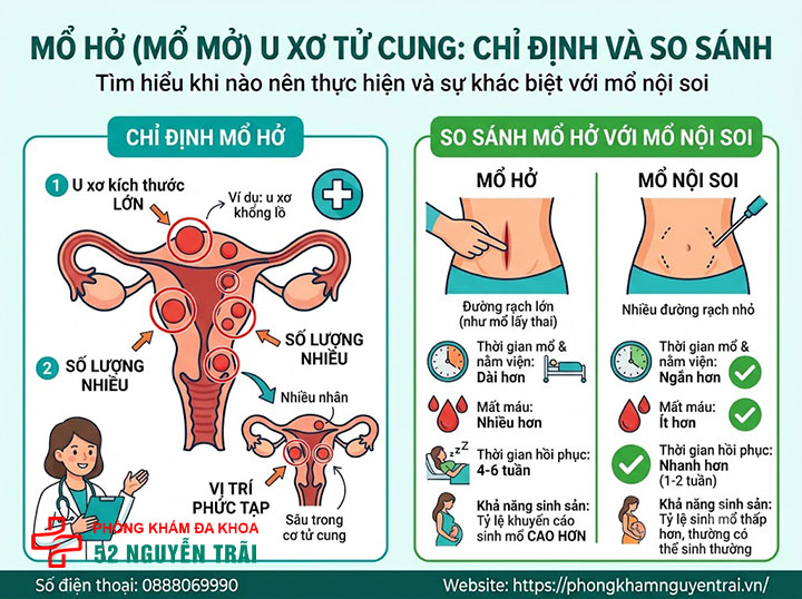 Mổ U Xơ Tử Cung: Các Phương Pháp Và Chi Phí 3 Mổ hở (mổ mở) u xở tử cung: khi nào chỉ định, khác mổ nội soi thế nào